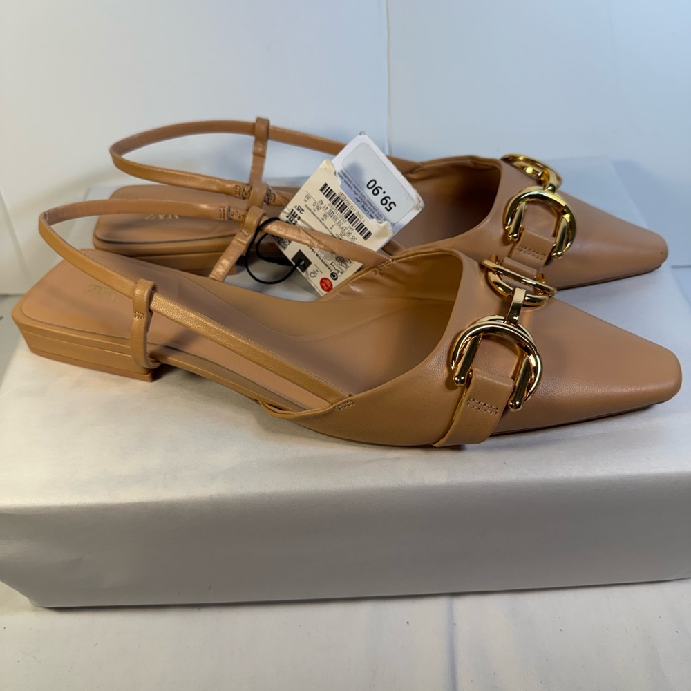 Zara Nude Tan Slingback Mules with Gold Buckle
